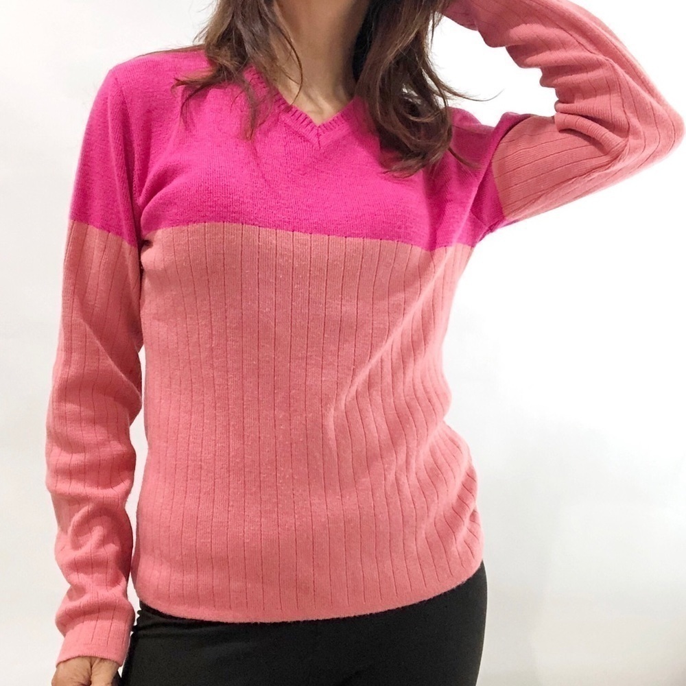 Wool Sweater Bicolor Pink &‎ Fuchsia V- Neck Medium Size